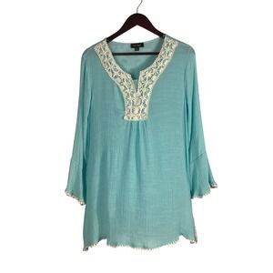 Cal Style U.S.A. Women's Boho Tunic Top L Aqua Blue Crochet Trim Made in USA